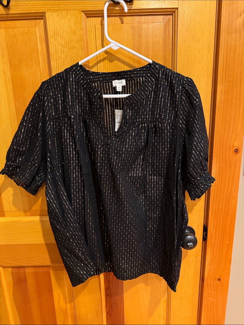 J. Crew Black Blouse with Gold Metallic Pinstripes